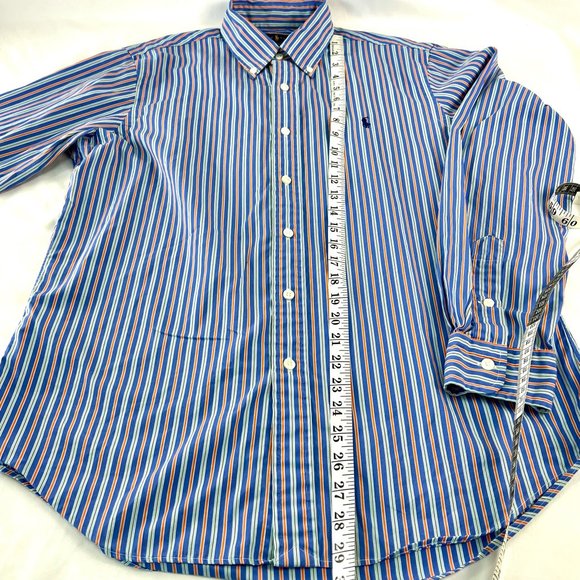 Polo Ralph Lauren Men's Medium Button Up Purple Orange Bar Stripe 120's Poplin - Picture 5 of 12